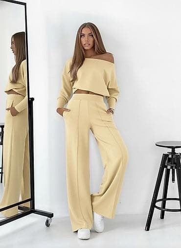 din sun: ✅Ženski komplet – široke pantalone + kratki duks s oborenim ramenom — 2