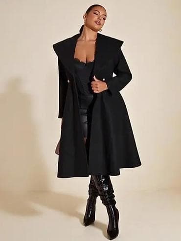 helanke za punije: Elegantni ženski crni kaput midi dužine - Kroj: struk naglašen, donji — 5