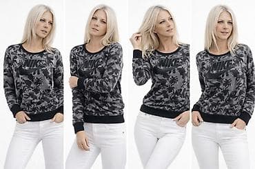 nike top: Nike ženski duks sa okruglim izrezom, sivi kamuflažni print. - Model — 1