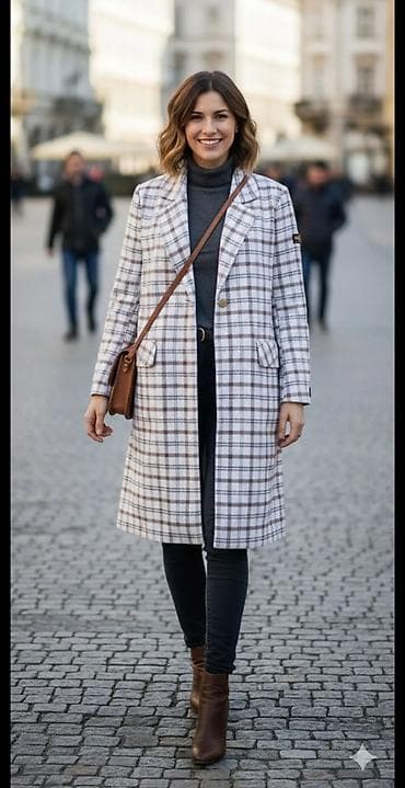 Dugački ženski kaput na preklop sa kariranim dezenom - Kroj: ravna