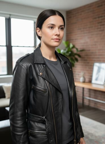 f f jakne: Braon kožna jakna klasičnog dizajna sa kragnom i kaišem oko struka — 1