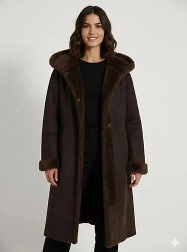 Ženska dugačka kaput-jakna sa kapuljačom, u tamno braon boji. - Kroj