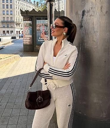 Gornji i donji deo: Ženski Adidas komplet – pleteni tracksuit u krem/beloj boji I — 2