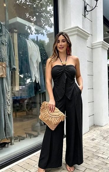 svecane haljine bele: Komplet top bez bretela i široke pantalone. - Kroj: strapless top sa — 7