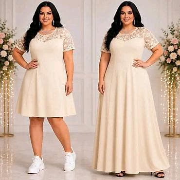 kostana odeca: Elegantna ženska haljina sa čipkastim gornjim delom – plus size. - — 5