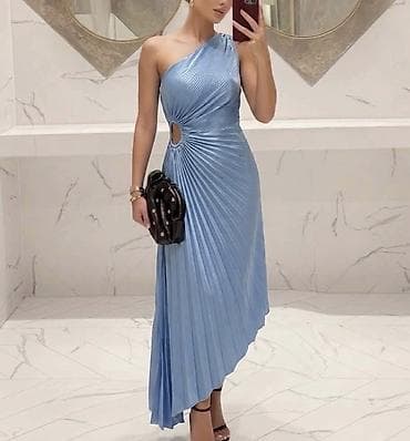 svetlo zelena haljina: Haljina elegantna plisirana na jedno rame. - Kroj: asimetričan,dužina — 1