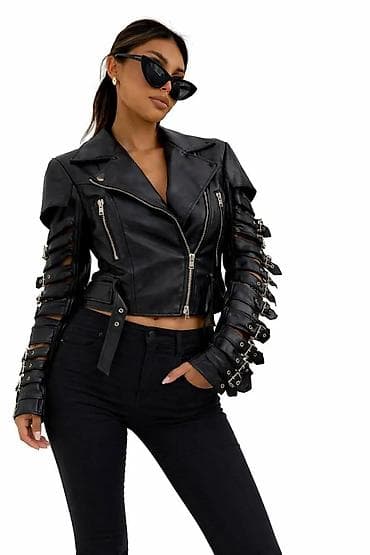 Blazers: Ženska biker jakna sa kaiševima na rukavima - Model: kratka — 2