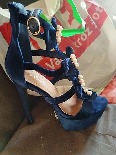 nine west salonke: Ženske sandale na visoku štiklu – tamnoplave, baršunaste - Materijal — 1