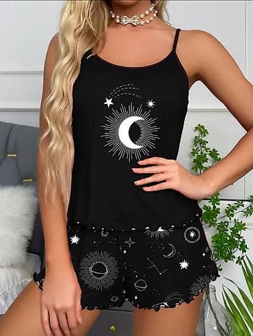 Muška obuća: Damski pidžama set – top i šorts sa astro printom - Boja: crna sa — 1