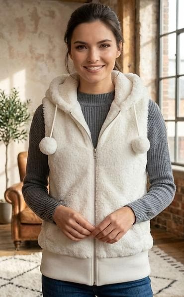 Ženska prsluk-dukserica sa kapuljačom, od mekane „teddy/šerpa” flis