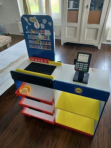 Drvena dečja kasa/mini market “Lidl” – kompletan set za igru