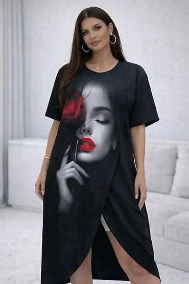 ugg bez: Asimetrična midi haljina sa umetničkim printom lica - Model: ležerna — 1