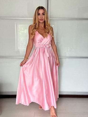 mona haljina: Svileni maxi haljina s V-izrezom i pojasom - Elegantna duga haljina — 2
