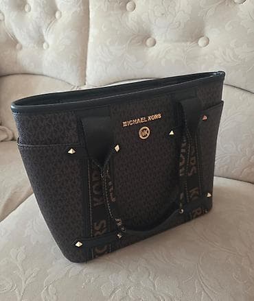 nakit bizuterija novi sad: Michael Kors tote torba, tamno braon monogram (MK) platno sa crnim — 2