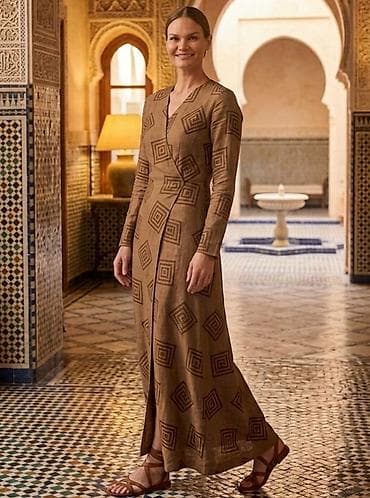 Dugačak ženski mantil-haljina u boji karamele sa geometrijskim