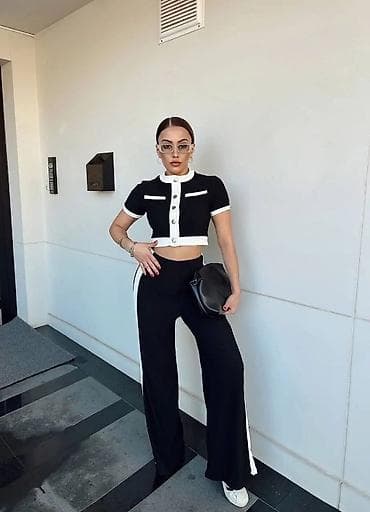 Lične stvari: Dvoslojni ženski komplet – crop kardigan top i široke pantalone - — 4