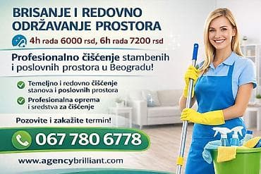 Brisanje i redovno održavanje prostora za 4h rada 6000 rsd, za 6h rada