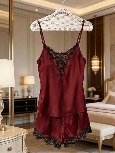 Men's Clothing: Damski set za spavanje – satenski top i šorts - Boja: bordo sa crnom — 1