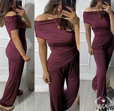 drapirana haljina: Komplet majica sa golim ramenima i siroke komotne pantalone na lastis — 1