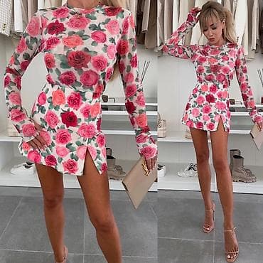 haljine m: 🔥Komplet: bodi dugih rukava + mini suknja s prorezom – cvetni print — 3