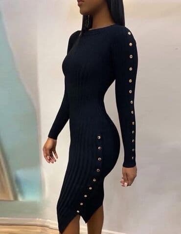 cipele sa malom stiklom: Ribana midi haljina sa dugmadima - Model: uska, rastegljiva midi — 1
