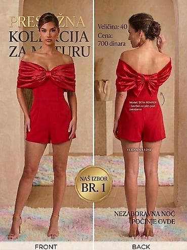 Elegantni crveni kombinezon “Bow Romper” za maturu. Off-shoulder kroj