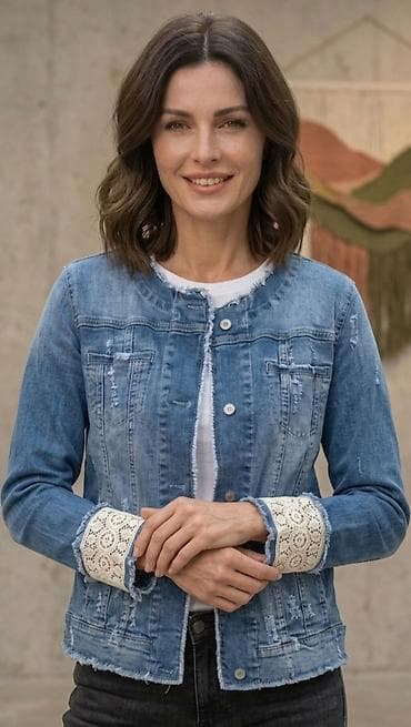 Ženska teksas jakna sa čipkanim manžetnama - Klasičan kroj bez
