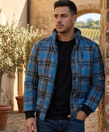 pertle za air force 1: Muška karirana jakna – plavo‑sivi tartan - Topla, prošivena jakna sa — 1