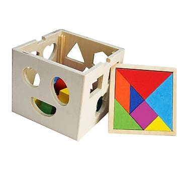 Kocke za decu: Drvena edukativna kocka – sorter oblika i tangram 2-u-1 - Materijal — 2