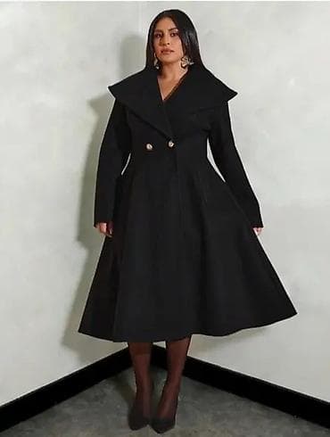 helanke za punije: Elegantni ženski crni kaput midi dužine - Kroj: struk naglašen, donji — 3