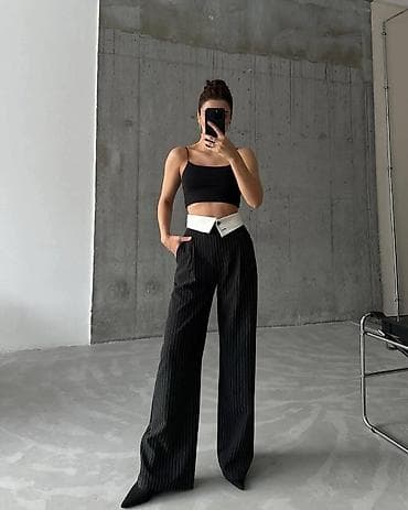 kompleti sa pantalonama: Ženske široke pantalone sa kontrastnim pojasom - Kroj: visoki struk — 2