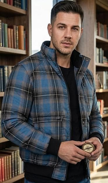 trapstar jakna muska: Muška karirana jakna – plavo‑siva - Topla, prošivena jakna sa — 1