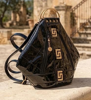 Elegantna torba/ranac od crne lak kože sa zlatnim detaljima. -