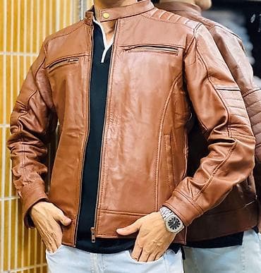 Muška kožna jakna u konjak/svetlo braon boji, modernog “biker” kroja