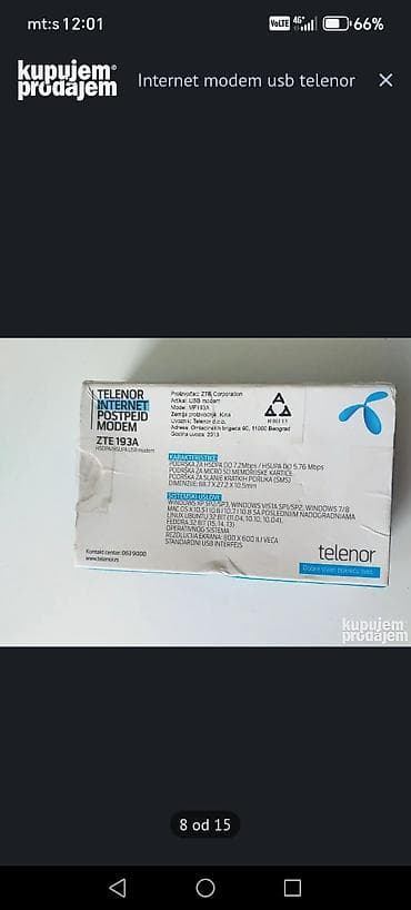 Telenor HSDPA/HSUPA USB modem ZTE MF193A - Tip: USB modem za mobilni