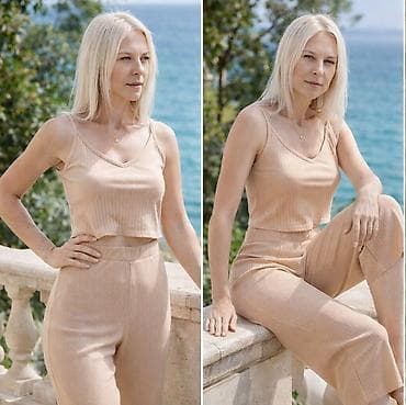 parka 36: Damski dvodelni komplet – top i pantalone u bež nijansi - Model — 4