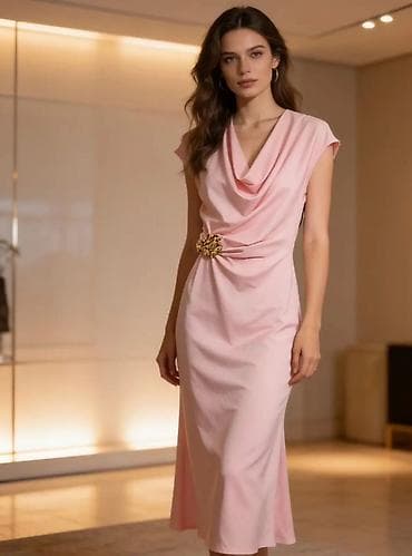 Dresses: Elegantna midi haljina sa drapiranim kaskadnim izrezom i ukrasnom — 1