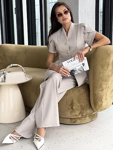 mindjuse sa cirkonima: 💫Ženski dvodelni komplet – sako/bluza sa kratkim rukavima i ravne — 8