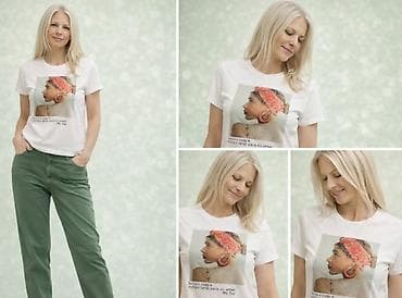 helanke za punije: Bela pamučna majica kratkih rukava sa printom ženskog lika sa crvenom — 6