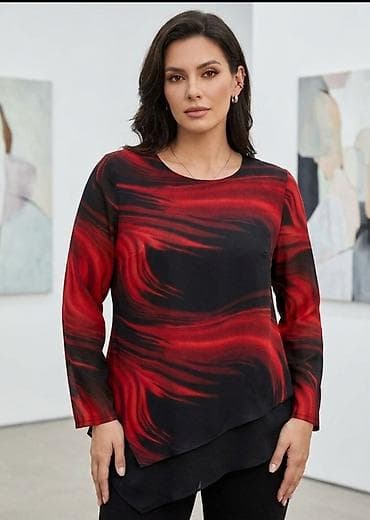pull and bear helanke: Elegantna ženska bluza sa dugim rukavima u crno-crvenom apstraktnom — 1