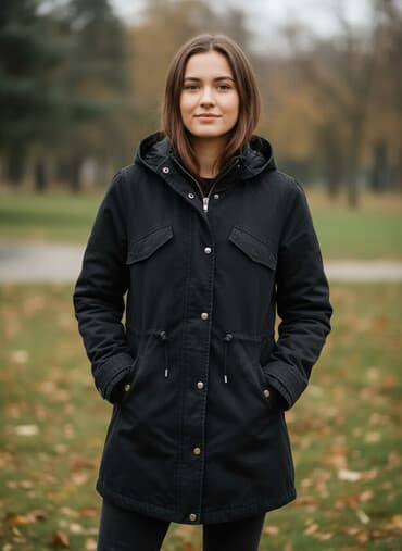 Crna parka jakna sa kapuljačom - Klasičan kroj dužine do butina