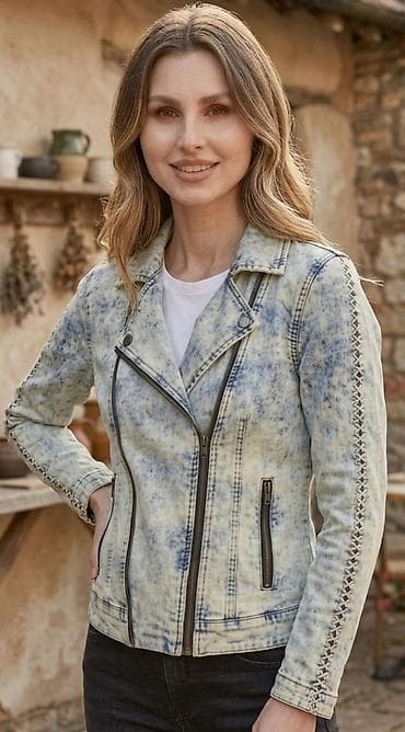 the north face muske jakne: Ženska jakna u moto stilu od teksasa (acid wash efekat) - Materijal — 1