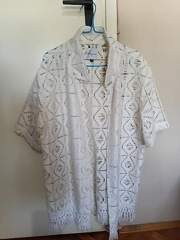 asimetrične tunike: Bela heklana košulja/kimono sa resama - Materijal: mrežasta heklana — 9