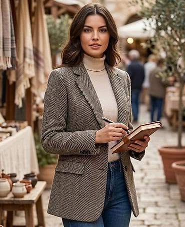 Ženski blejzer od tvida – ševron dezen - Klasičan jednoredni blejzer