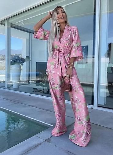 torba od perlica: Damski komplet – kimono + široke pantalone - Elegantni dvodelni — 1