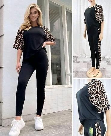 Damski komplet za svaki dan – majica i helanke u crnoj boji sa leopard