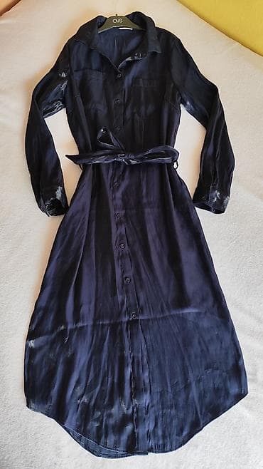 bata torba: Saten-haljina košulja kroja, tamnoplava - Model: midi dužina — 2