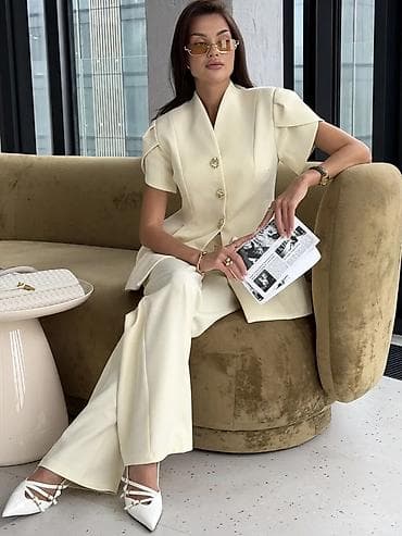 mindjuse sa cirkonima: 💫Ženski dvodelni komplet – sako/bluza sa kratkim rukavima i ravne — 9