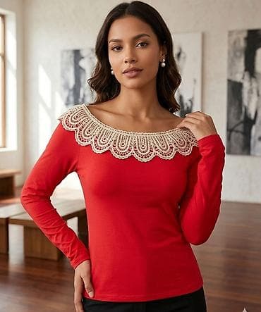 Blouses: Ženska bluzica sa dugim rukavima u jarko crvenoj boji. Model ima — 1