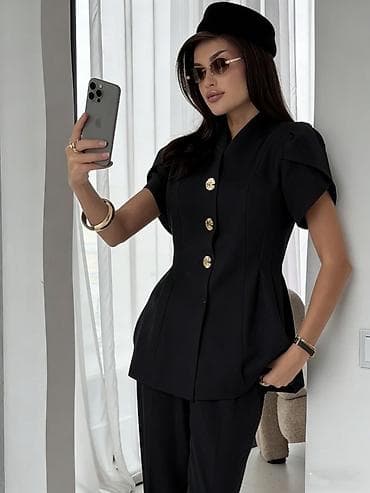 mindjuse sa cirkonima: 💫Ženski dvodelni komplet – sako/bluza sa kratkim rukavima i ravne — 5